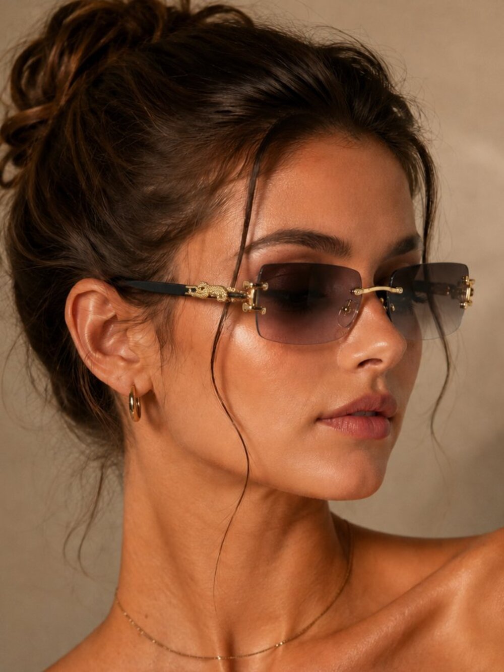 Luxury Rimless Black Shield Sunglasses Gold Panther Detail Y2K